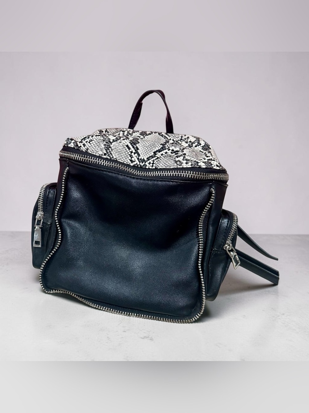 Urban Expressions Black Mini Backpack Purse with Snake-Print Accent